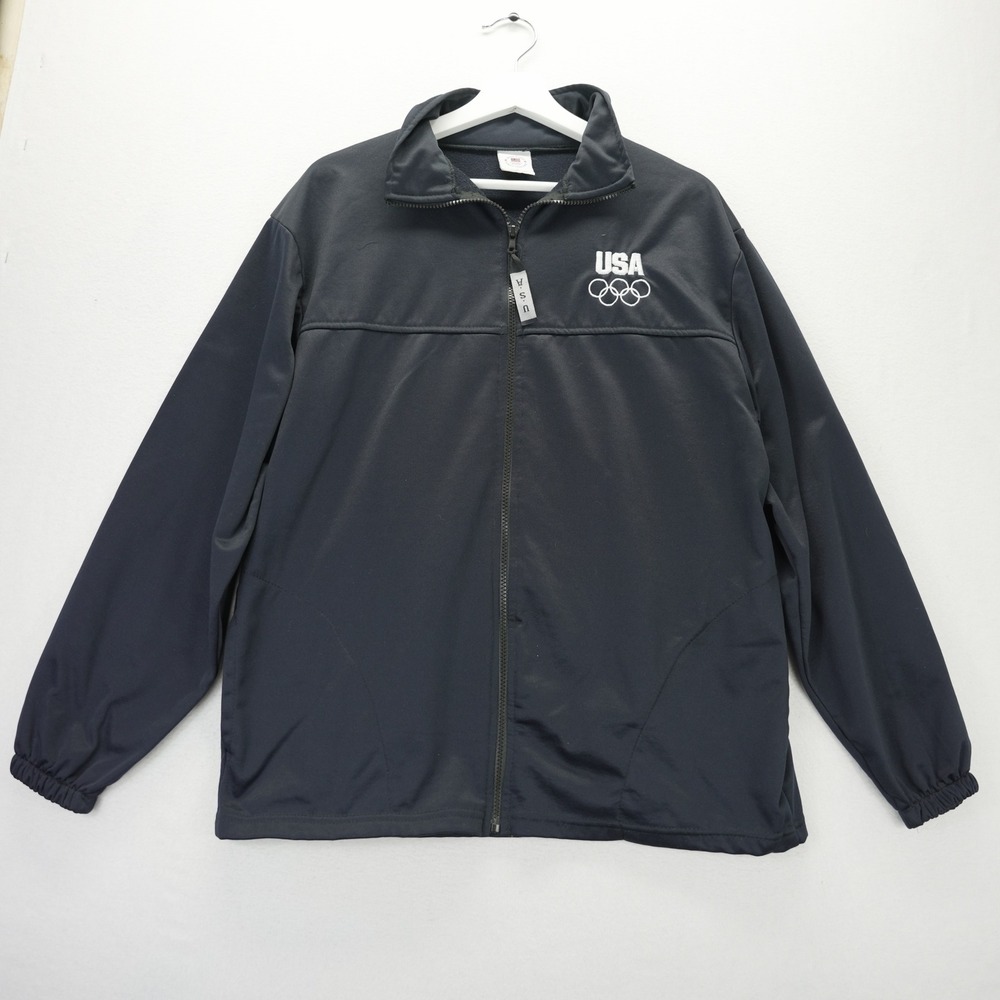 Vintage USA‎ Olympic Committee Track Jacket Mens Large Navy Blue Full Zip Fleece